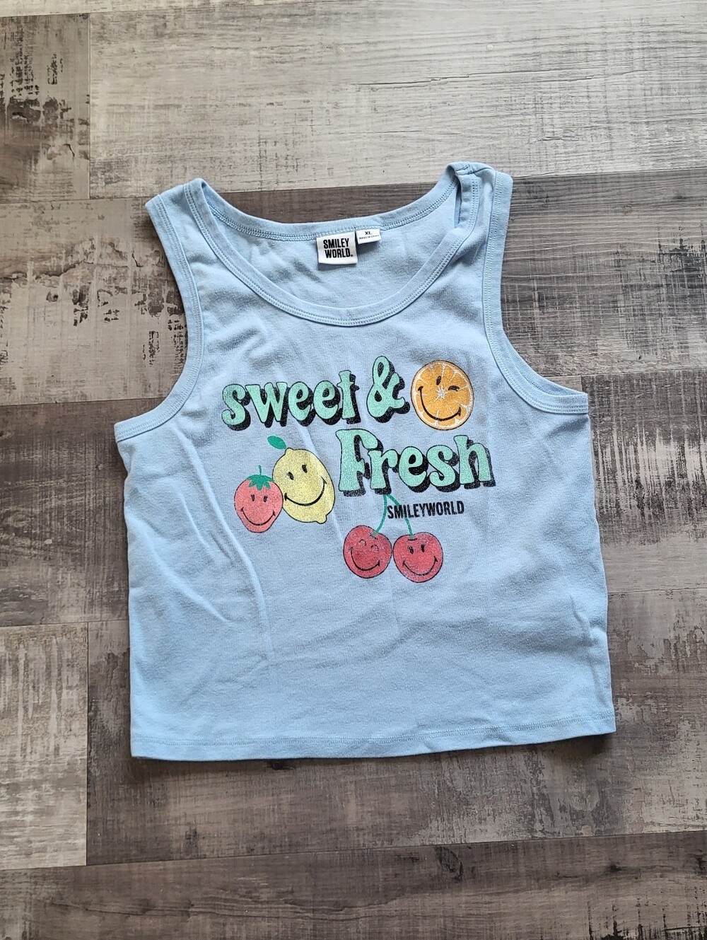 Smiley World Womens Tank Top Cropped Sweet And Fresh XL Blue Y2k Style